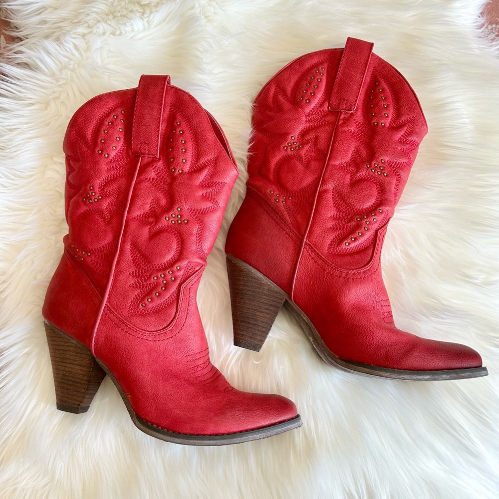 Very Volatile Red Heeled Boots with Western Style